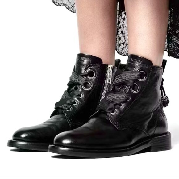 Zadig & Voltaire Laureen Roma Black Leather Combat Boots Size 39 - Picture 1 of 10